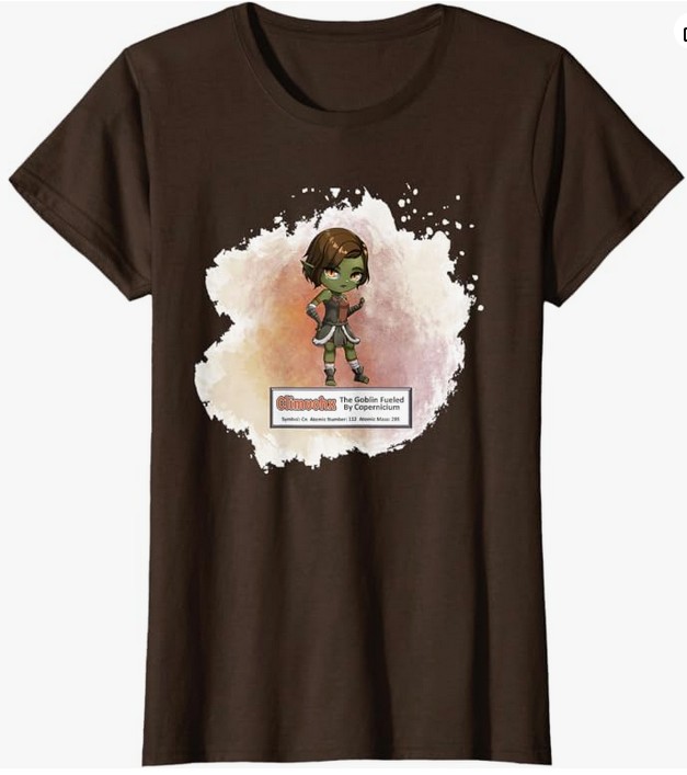 A brown t-shirt featuring a cartoon character with green skin and short brown hair, standing confidently against a light watercolor-style background. The shirt includes the text 'Glimooks: The Goblin Fueled by Coppernium' along with additional details below.