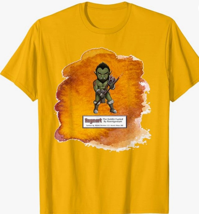 A yellow t-shirt featuring a cartoon goblin character holding a weapon, with a colorful splash background and the text 'Rognort: The Goblin Fueled by Rogenium'.