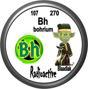 A graphic representation of the element bohrium (Bh), featuring the atomic number 107, atomic mass 270, a radioactive symbol, and a cartoon character named Blaadlak.