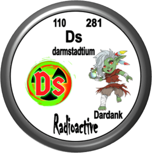 Symbol for darmstadtium (Ds) with atomic number 110 and atomic mass 281, featuring a cartoon character labeled 'Dardank' and a radioactive sign.