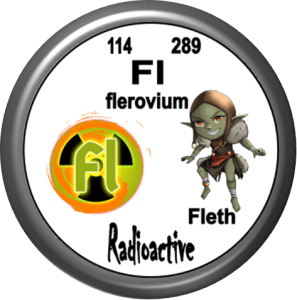 A circular emblem featuring the chemical symbol 'Fi' for flerovium with atomic number 114 and atomic mass 289. The design includes a cartoonish character named 'Fleth' alongside the words 'Radioactive' and a stylized logo.