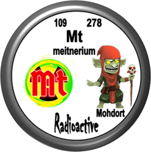 A fictional representation of the chemical element Meitnerium (Mt) featuring the atomic number 109 and atomic mass 278, illustrated with a cartoon character named Mohdort, holding a skull staff, alongside a radioactive symbol.