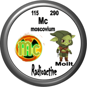A round emblem featuring the symbol for the chemical element Moscovium (Mc) with the atomic number 115 and atomic mass 290. The design includes a cartoon character resembling a green-skinned elf-like figure alongside the word 'Radioactive' and the name 'Moilt'.