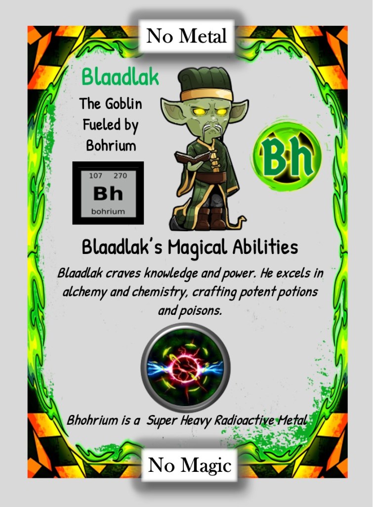 An illustrated character named Blaadlak, a goblin associated with the element Bohrium, showcasing his magical abilities and expertise in alchemy and chemistry.