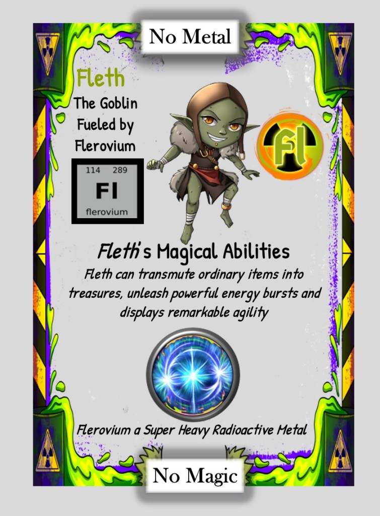 An illustration of a green goblin named Fleth, with a mischievous expression. The background features bright and colorful elements, including radiation symbols and text explaining Fleth's magical abilities and his connection to the radioactive metal Flervium.