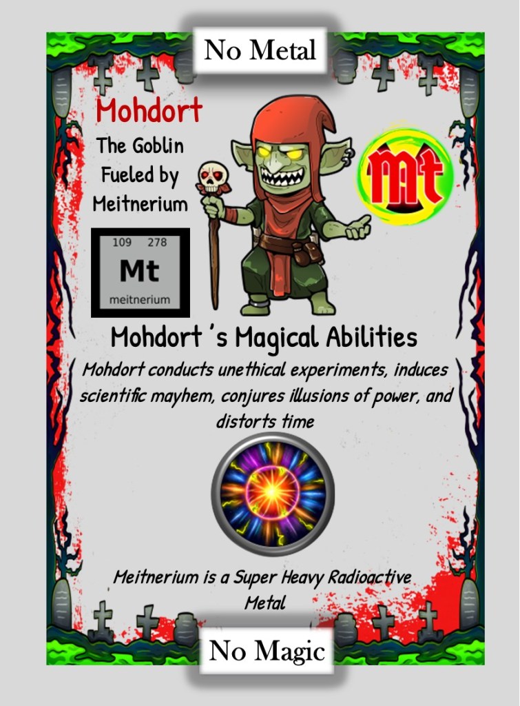 A colorful card featuring a goblin character named Mohdort, holding a skull and a staff, with text about his magical abilities and the fictional element Meitnerium. The background includes tombstones and a vibrant magical symbol.