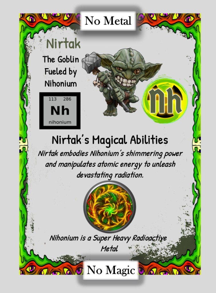 A poster featuring Nirtak, a goblin character, powered by Nihonium, with a description of his magical abilities and the properties of Nihonium as a super heavy radioactive metal.