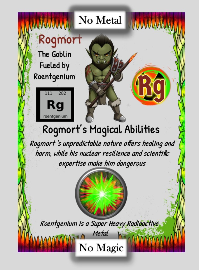 Illustration of Rogmort, a goblin character, surrounded by colorful graphics and text describing his abilities related to Roentgenium, a radioactive metal. The character is depicted with a fierce expression, holding a weapon, with green and purple accents in the background.