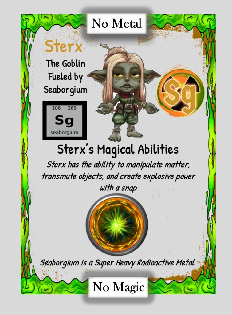 A character card featuring Sterx, a goblin fueled by the fictional element Seaborgium, showcasing its magical abilities to manipulate matter and create explosive power. The card includes a depiction of Sterx, accompanied by details about Seaborgium and the notes 'No Metal' and 'No Magic.'