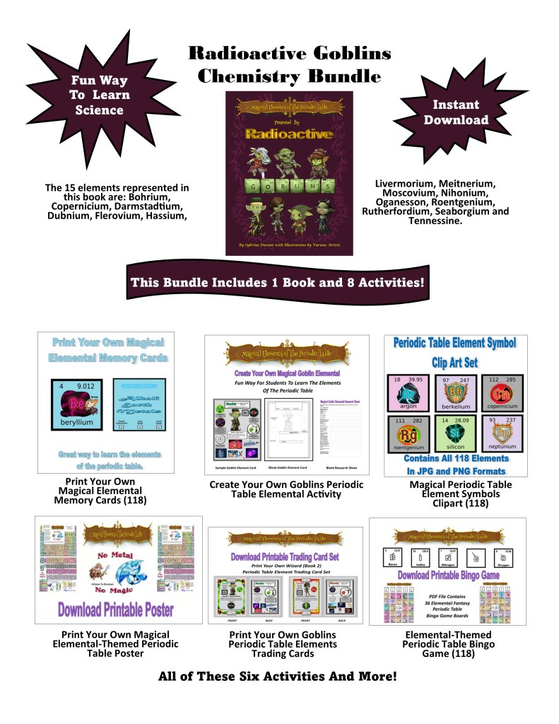 Promotional image for the Radioactive Goblins Chemistry Bundle, featuring a book and various educational activities related to chemistry.