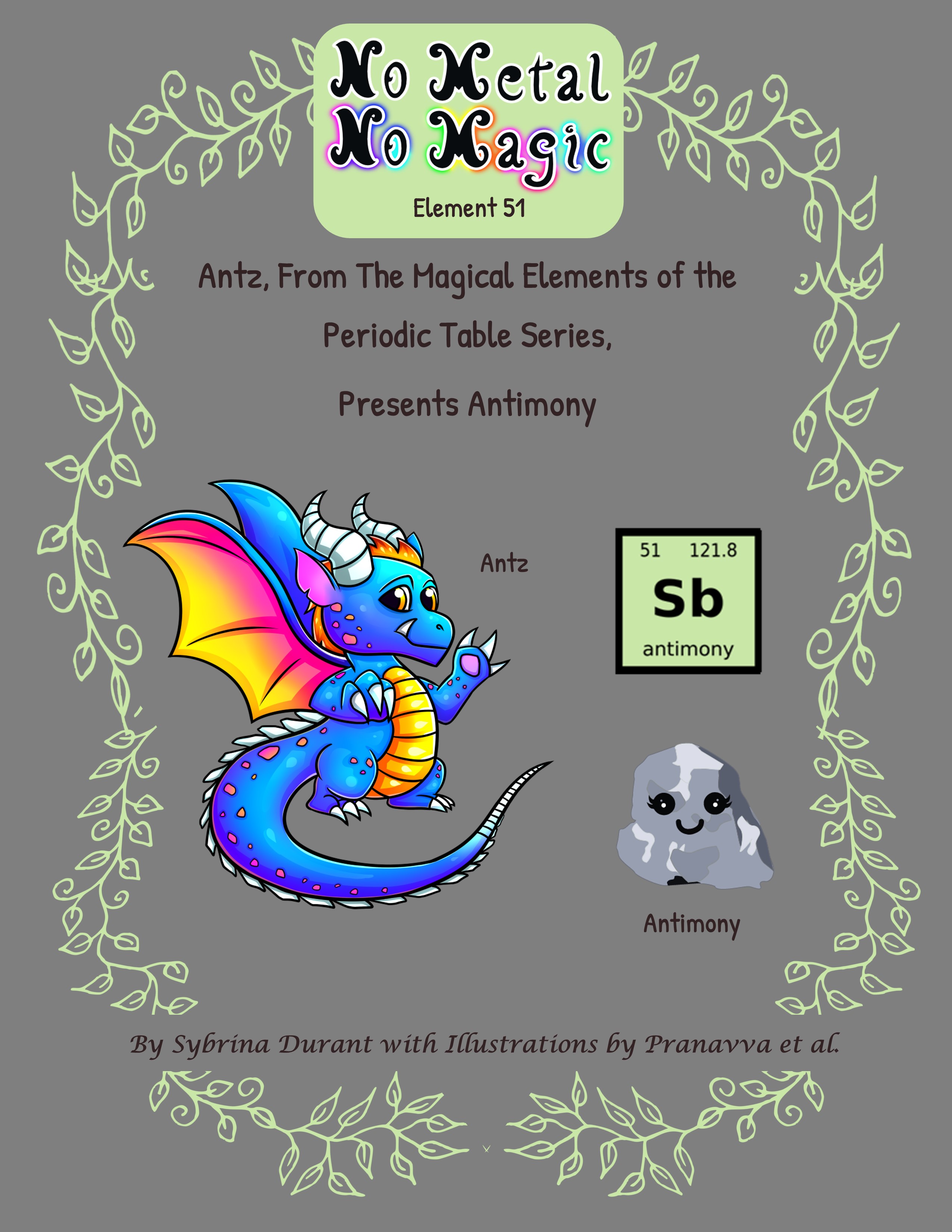 Illustration of a blue cartoon dragon named Antz representing the element Antimony, surrounded by decorative vines, with the title 'No Metal No Magic' and additional text about the element.