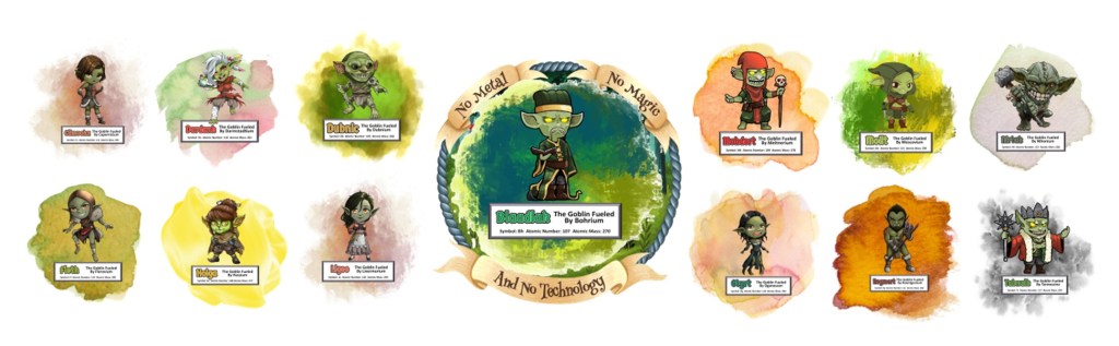 Illustration of various goblin characters with unique designs and descriptions, featuring a central character wearing glasses and surrounded by colorful backgrounds.