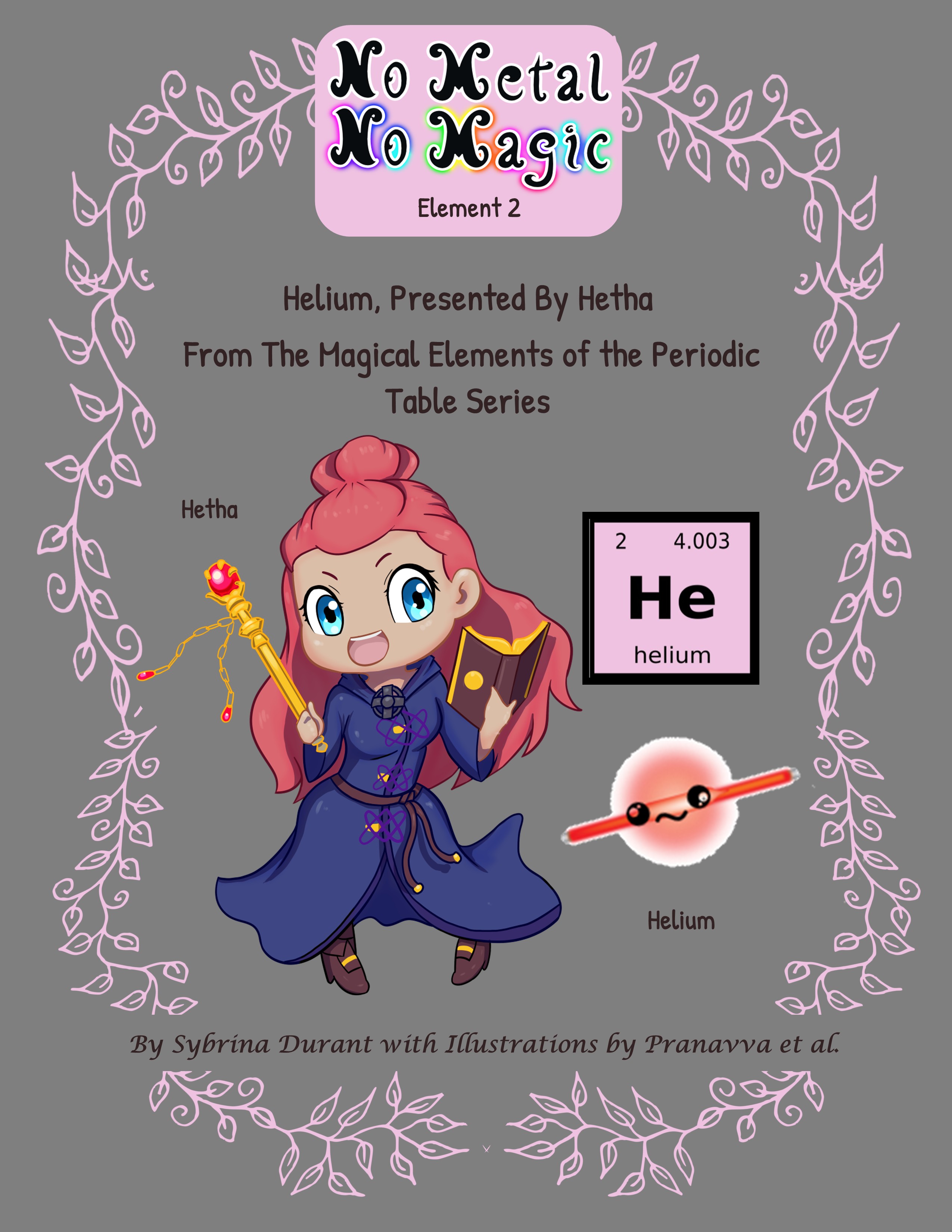 Illustration of 'Hetha' presenting helium, featuring a cute character in a blue robe holding a wand and a book, alongside a diagram of helium with its atomic number and symbol.
