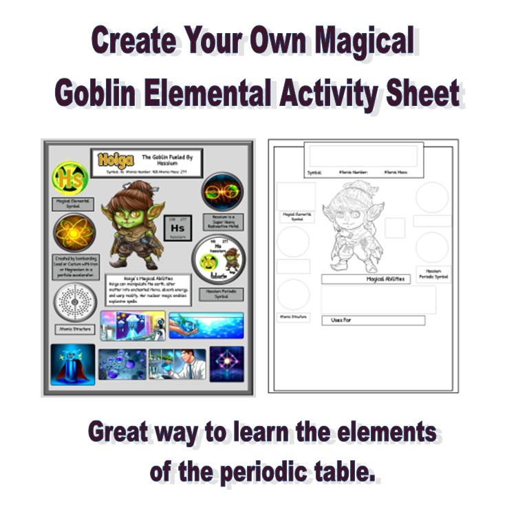 Activity sheet featuring a magical goblin character and elements of the periodic table. Includes spaces for creating a unique goblin and learning elemental properties.