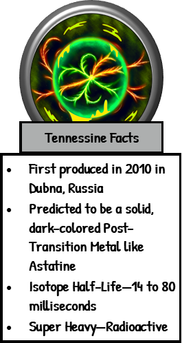 Infographic about Tennessine with colorful atomic graphic and facts, including first production in 2010, predicted properties as a solid dark-colored metal, isotope half-life, and its heavy radioactive nature.