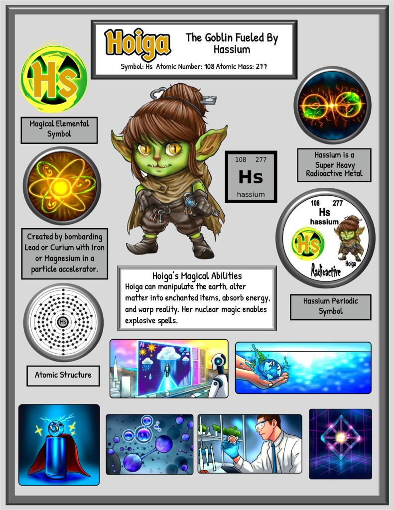 A colorful infographic featuring Hoiga, a cartoon goblin character symbolizing hassium. Includes details about hassium's atomic number, symbol, and properties, alongside illustrations depicting Hoiga's magical abilities and atomic structure.